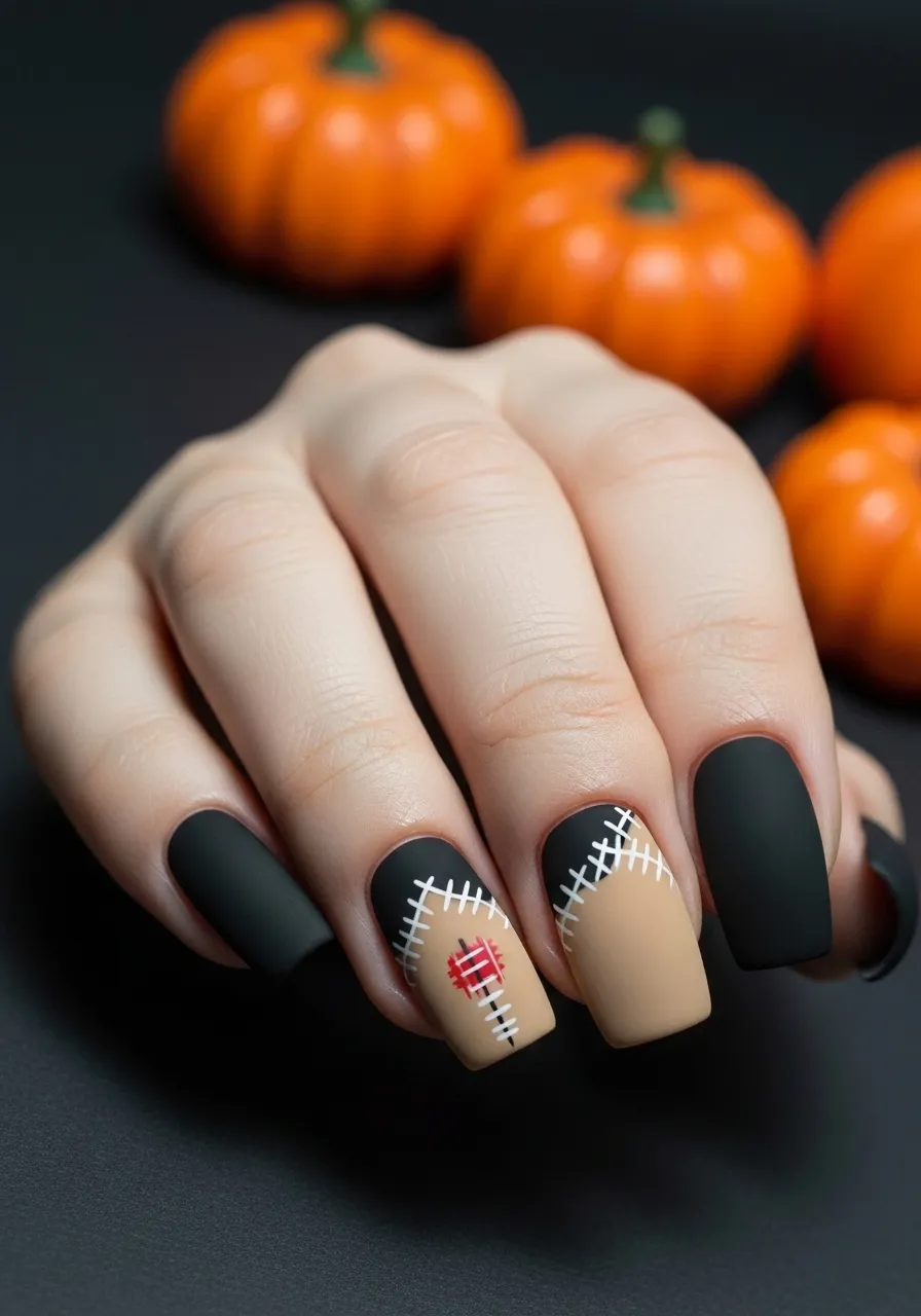 Matte Black and Tan Two-Tone Scarecrow Nails