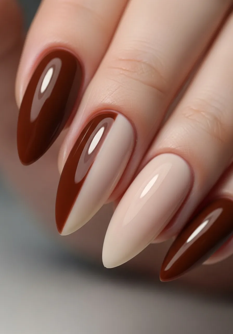 Chocolate Brown and Beige Color Block Nails