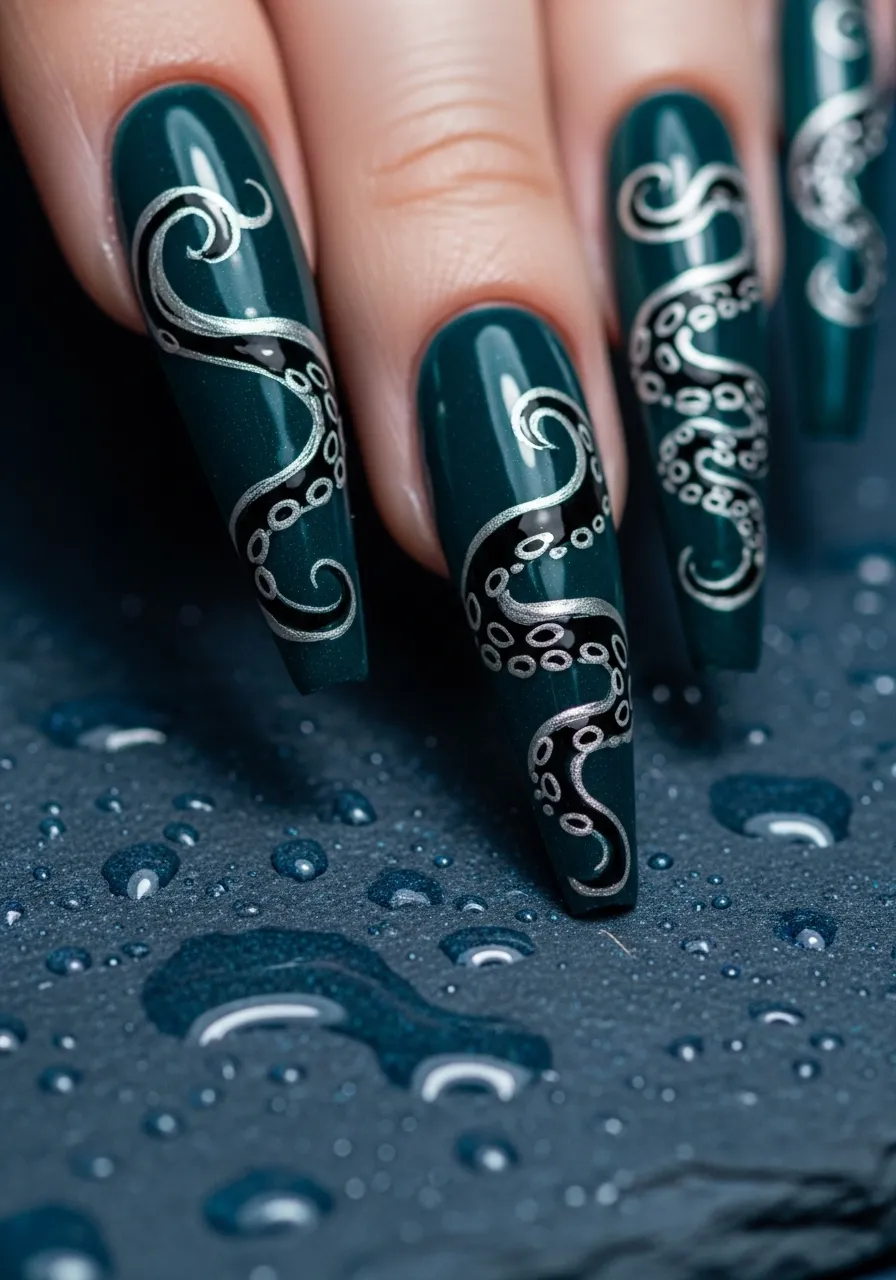 Dark Teal Kraken Nails