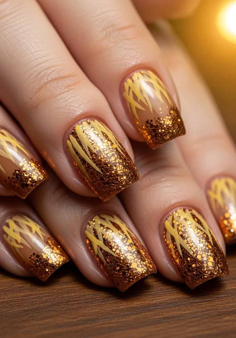Glitter Gold Straw Accent Nails
