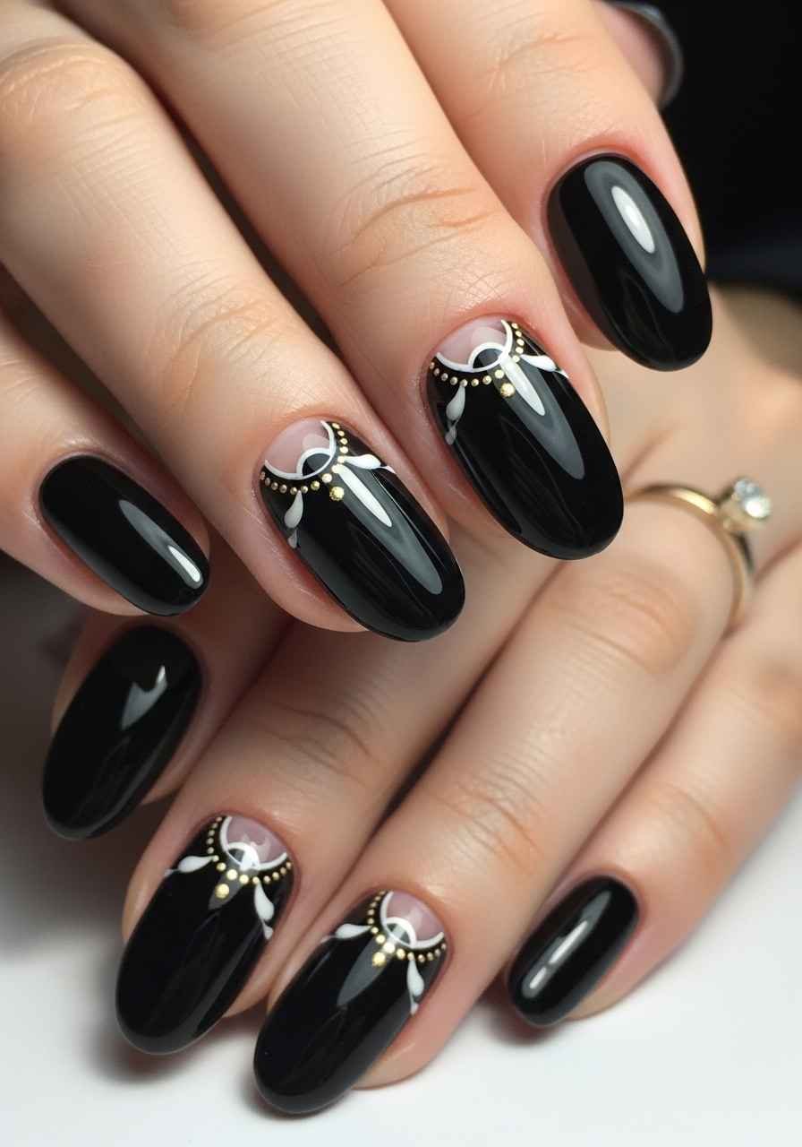 Black Nails with Cuticle Art