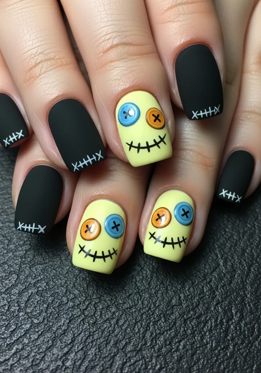 Creepy Cute Button Eye Scarecrow Nails