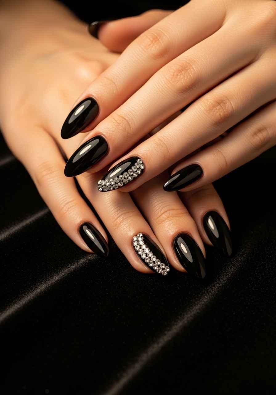 Black Nails with Rhinestone Edge