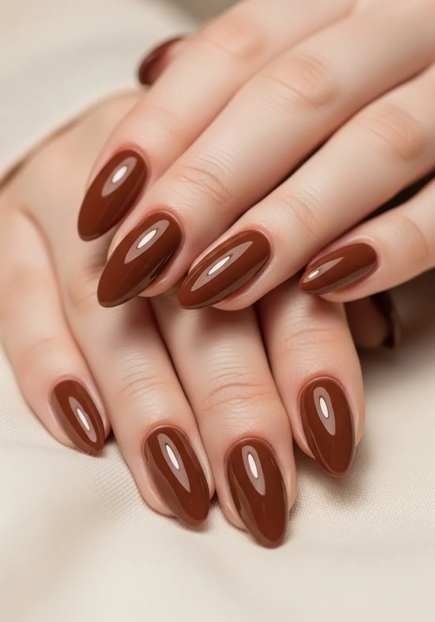 Chocolate Brown Gloss Almond Nails