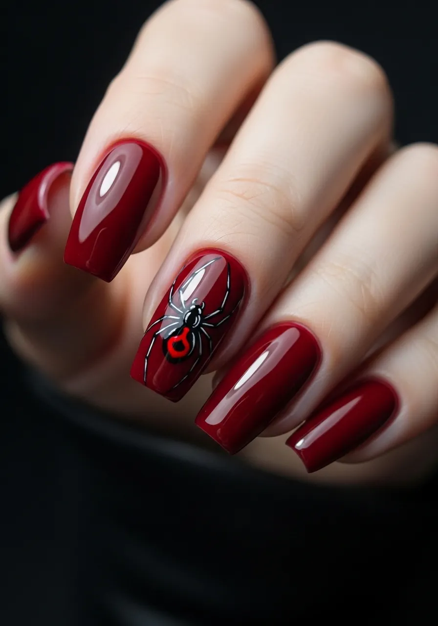 Deep Red Gel Nails with Black Widow Spider