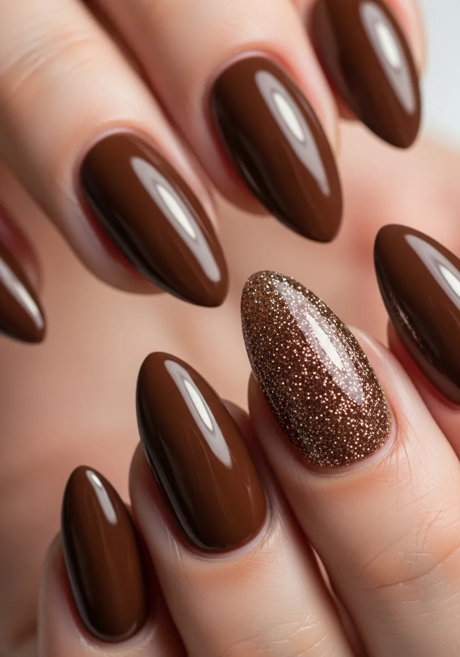Brown Glitter Accent Nail