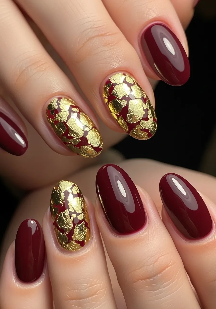 Burgundy with Gold Flakes Winter Nails