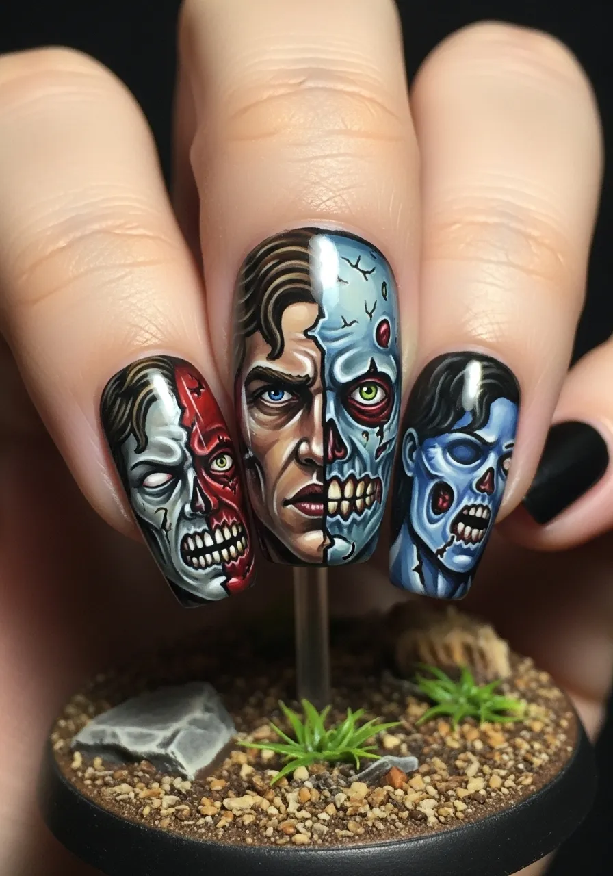 Half Zombie Face Nail Art