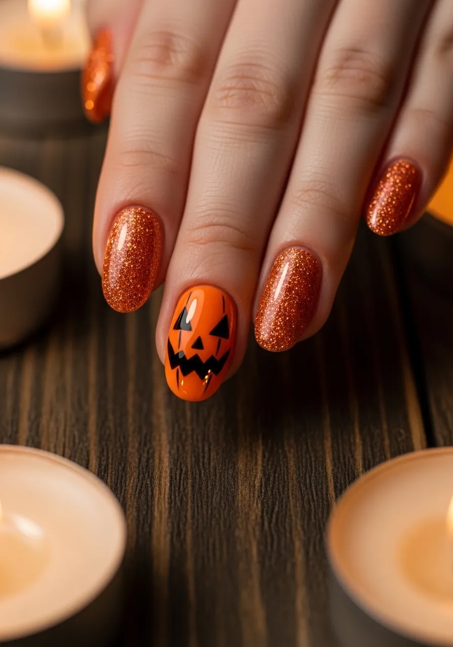 Glittery Jack-o-Lantern Nails