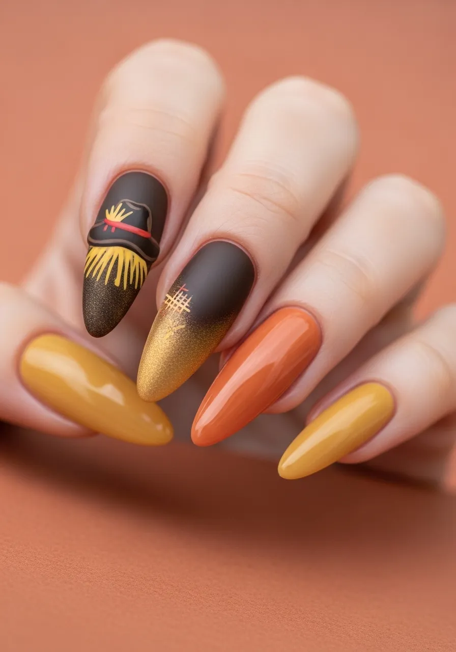 Scarecrow Hat and Straw on Almond Nails