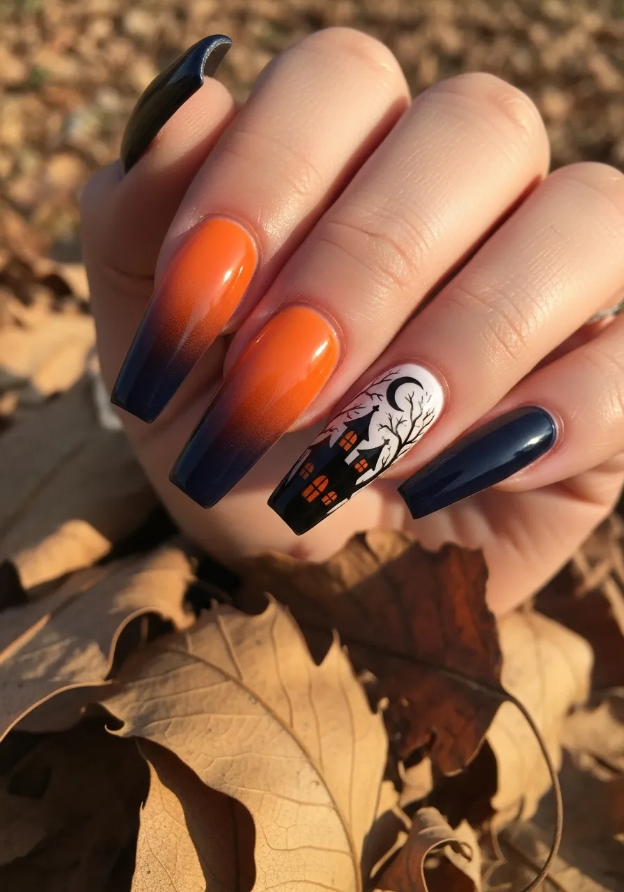 Haunted House Silhouette Nails