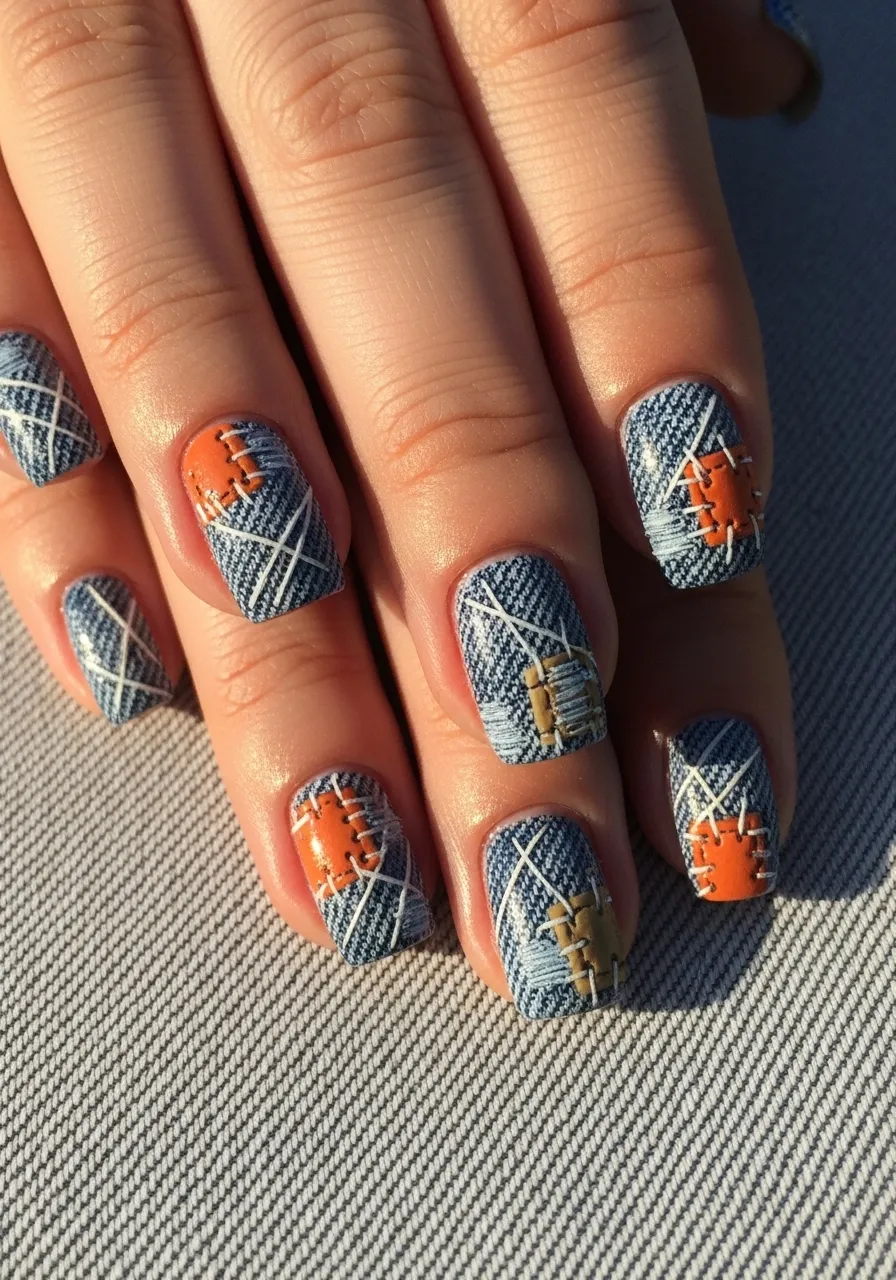Distressed Denim and Scarecrow Patchwork Nails