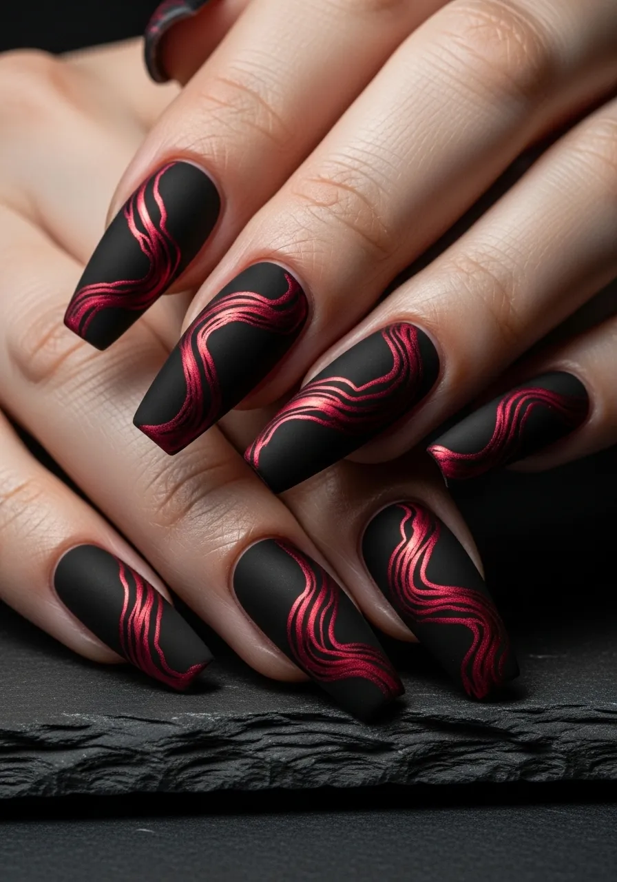 Red and Black Swirl Marble Nails