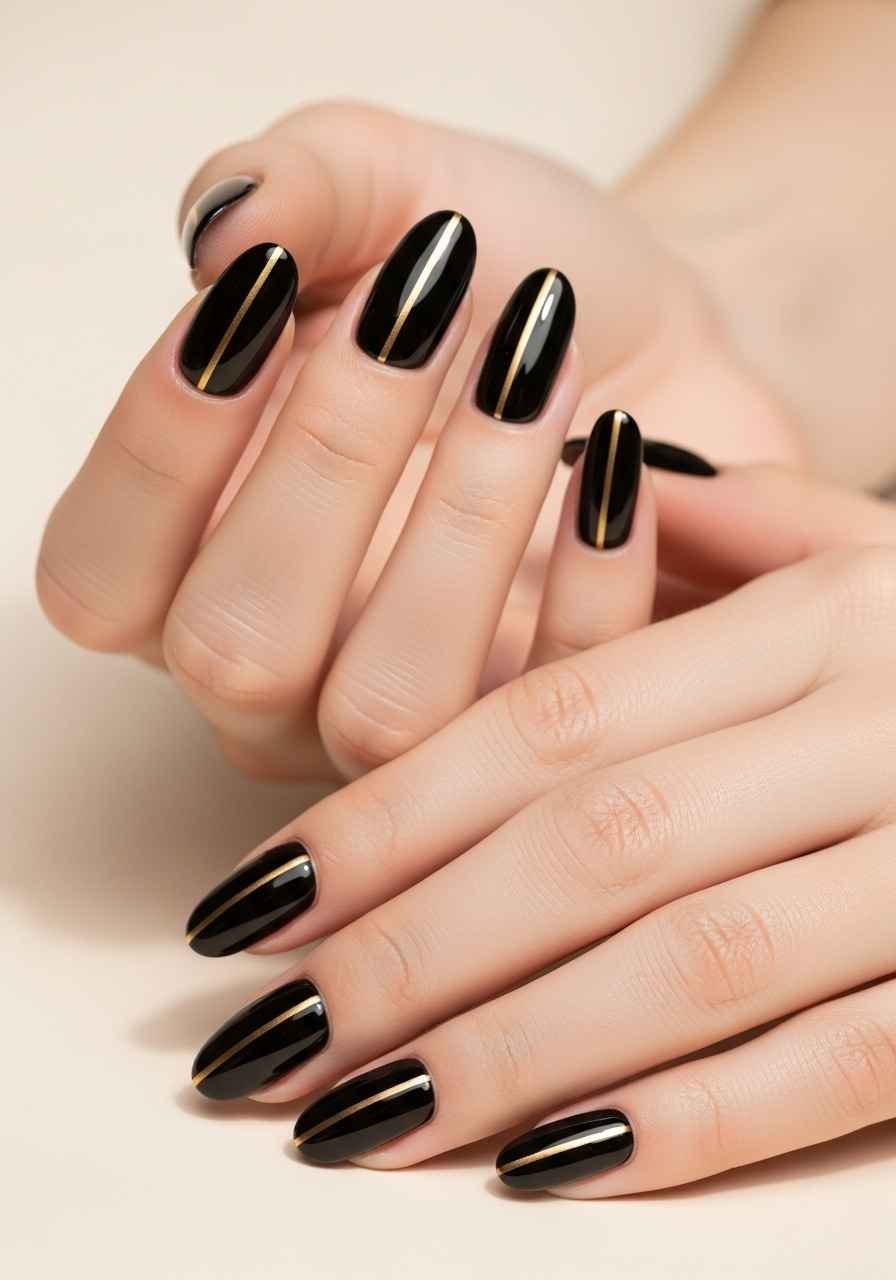 Black Nails with Single Gold Stripe