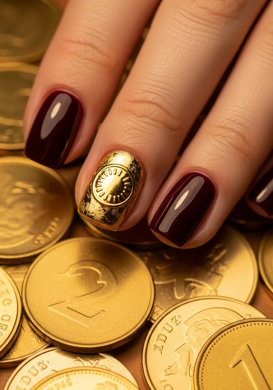 Gold Coin Accent Nails