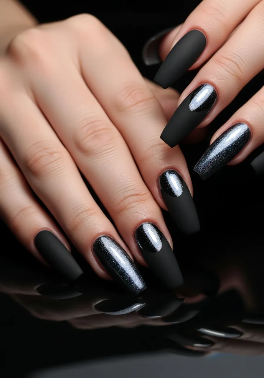 All-Black Coffin Nails with Chrome Detail