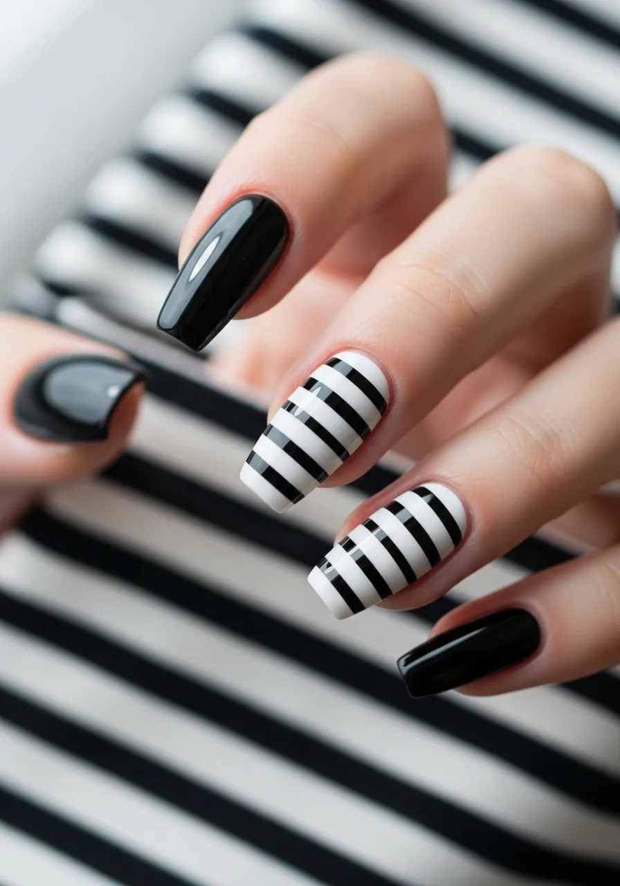Black and White Stripe Nails
