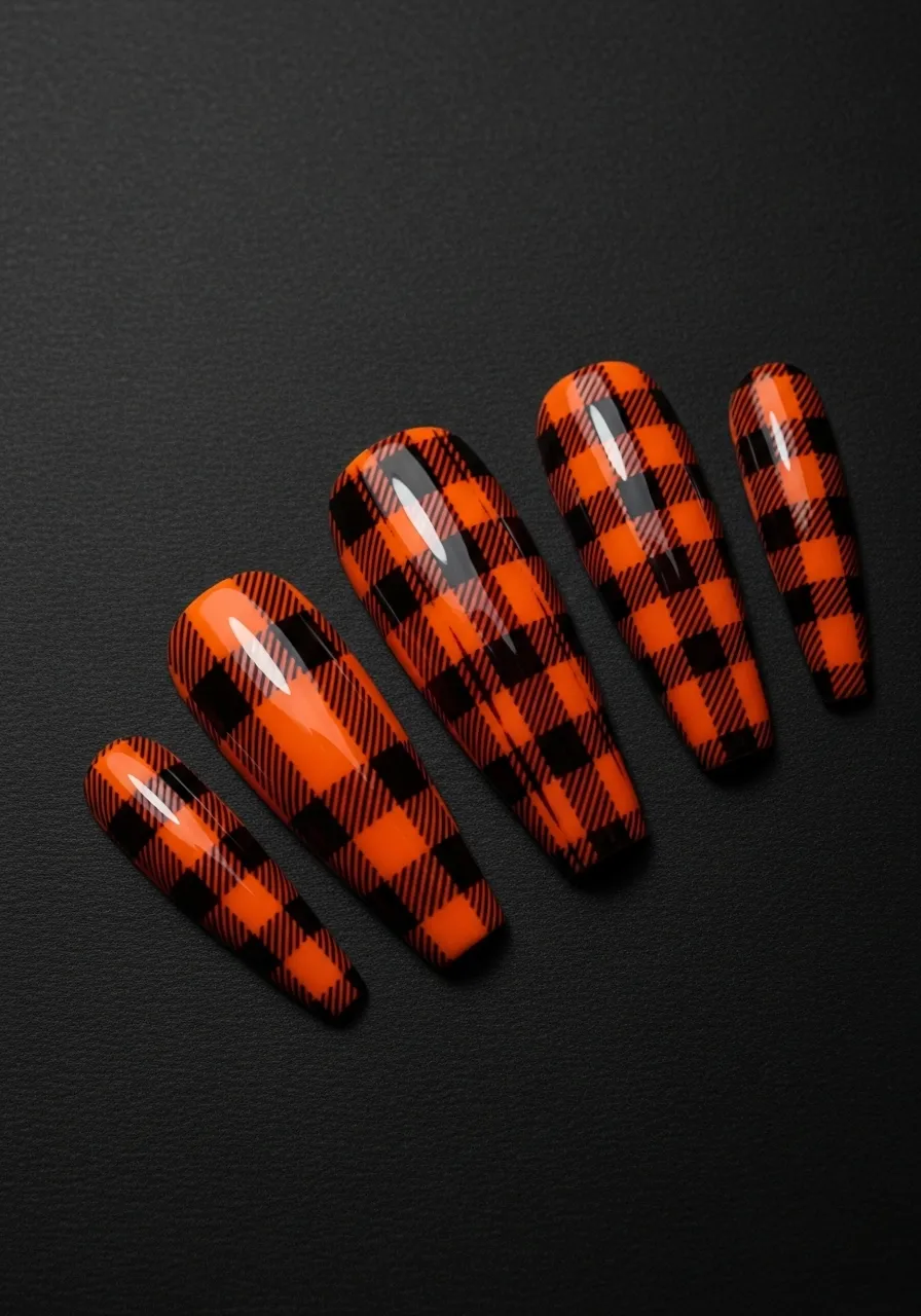 Orange Plaid Coffin Nails With Black Accents