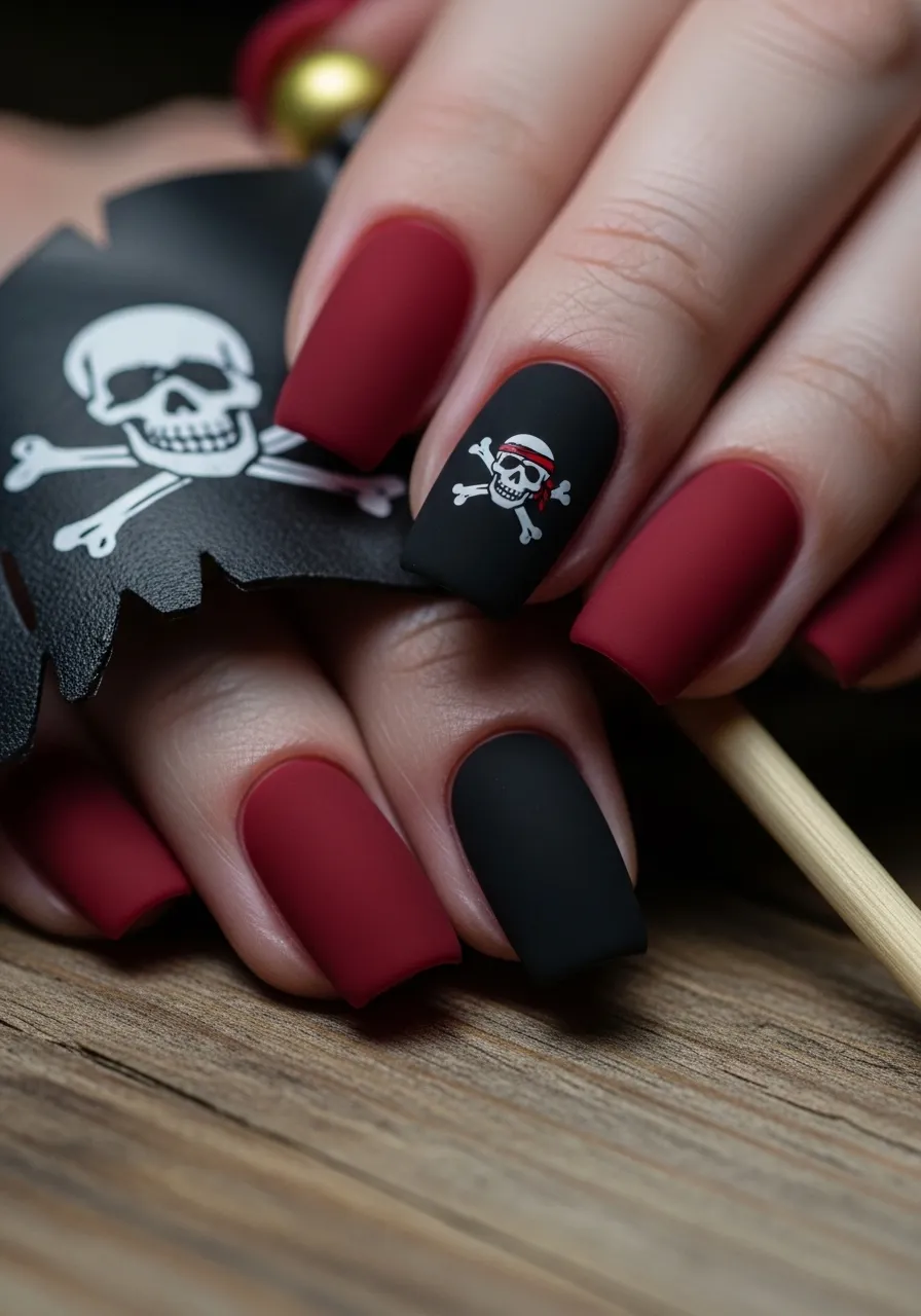Red and Black Pirate Flag Nails