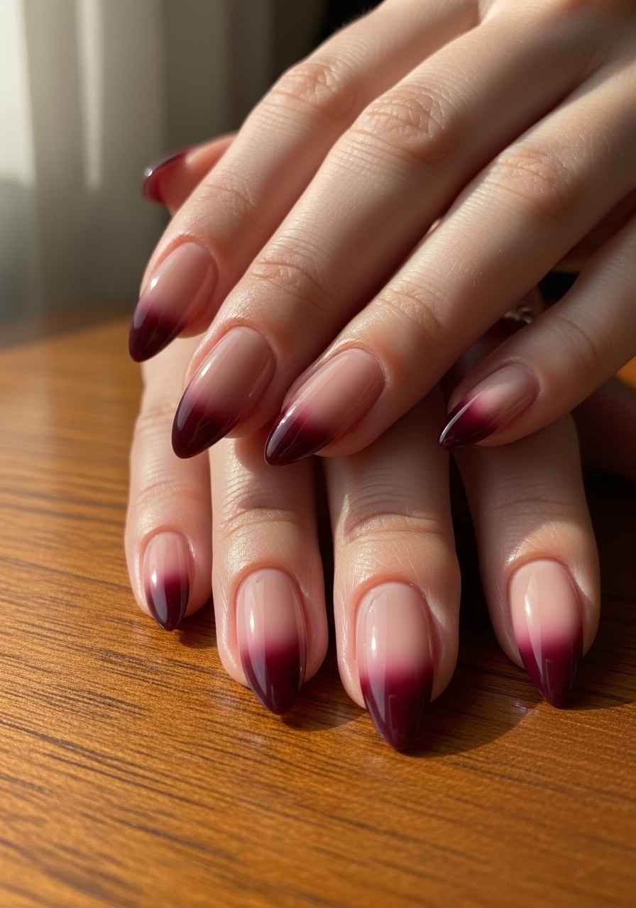 Wine Ombre Almond Nails