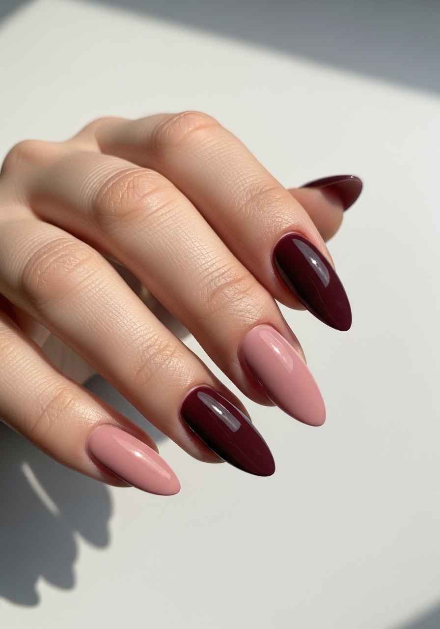 Rose and Wine Two Tone Almond Nails