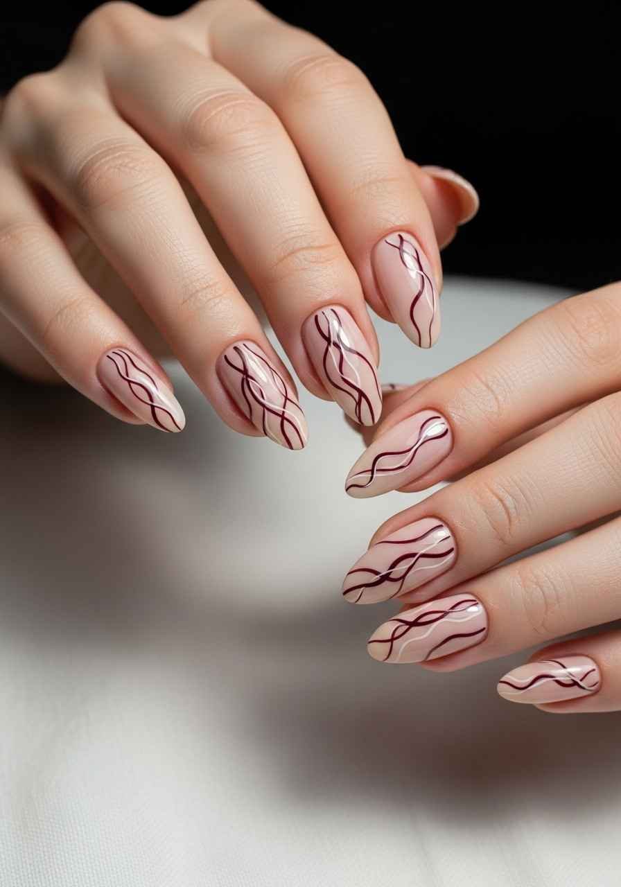 Wine Line Art Almond Nails