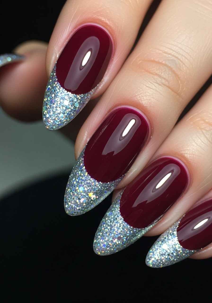 Glitter Wine Tips on Almond Nails