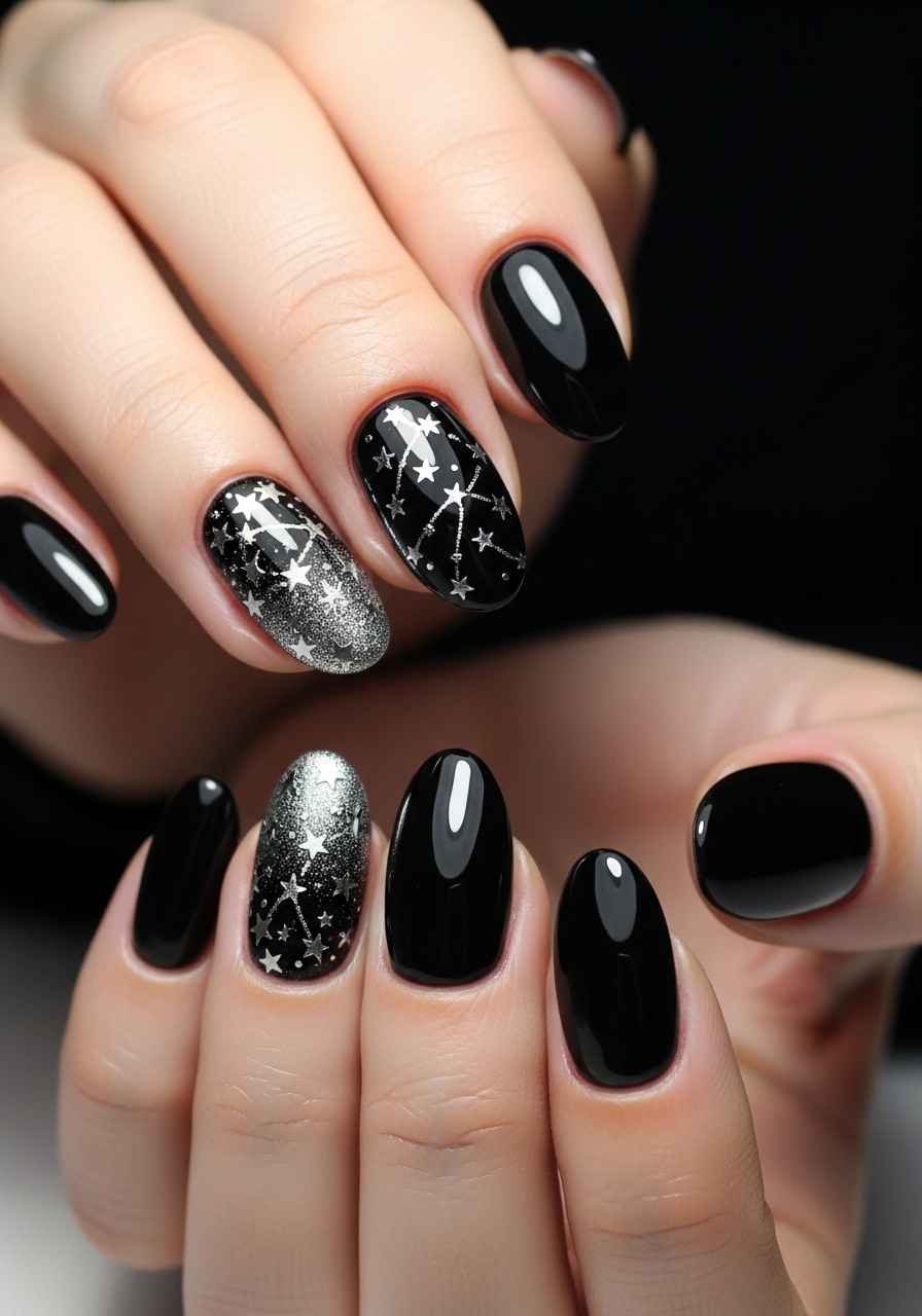 Black Nails with Tiny Star Accents