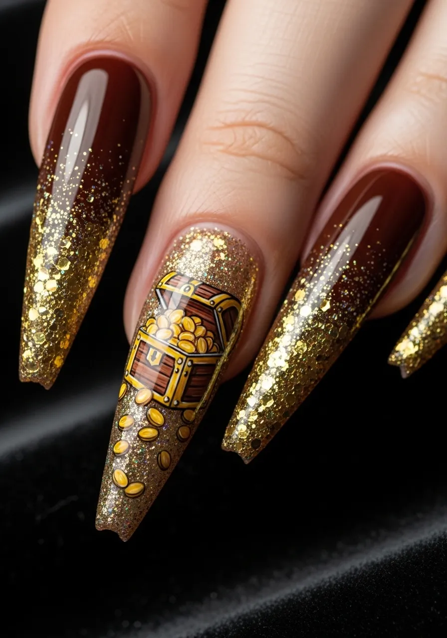 Glittery Treasure Chest Nails