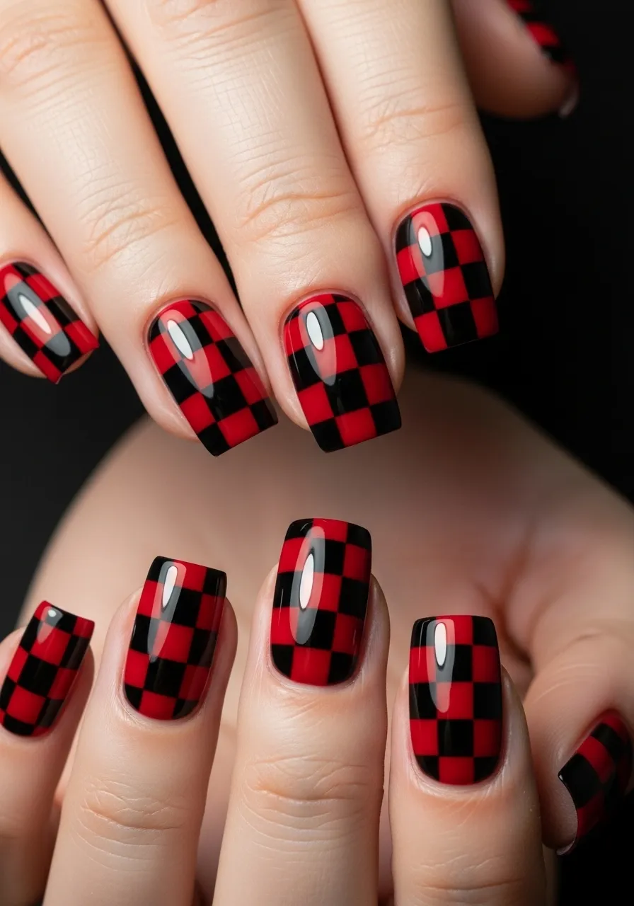 Red and Black Checkerboard Nails