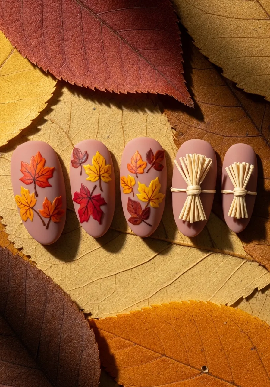 Autumn Leaf and Straw Combo Nails