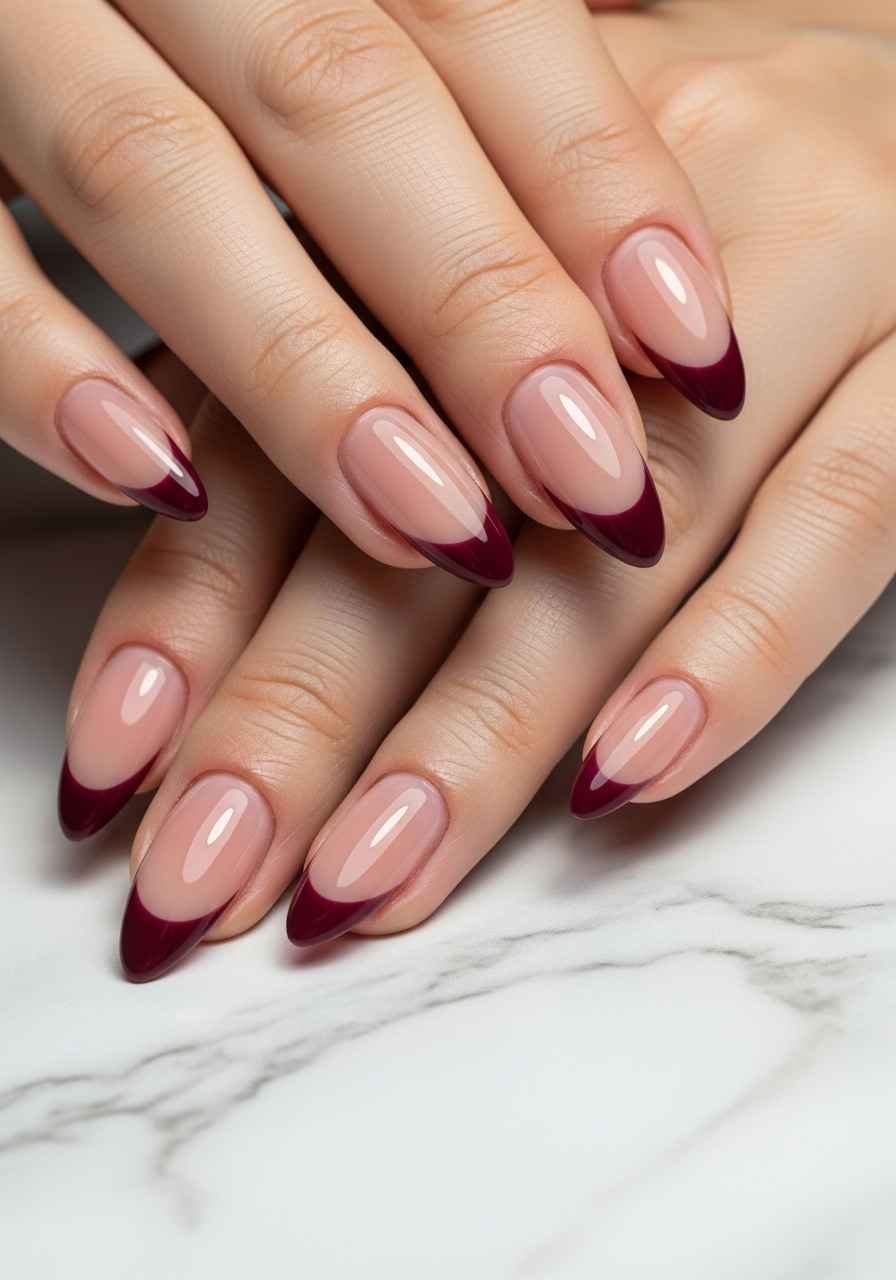 Wine French Tips on Almond Nails