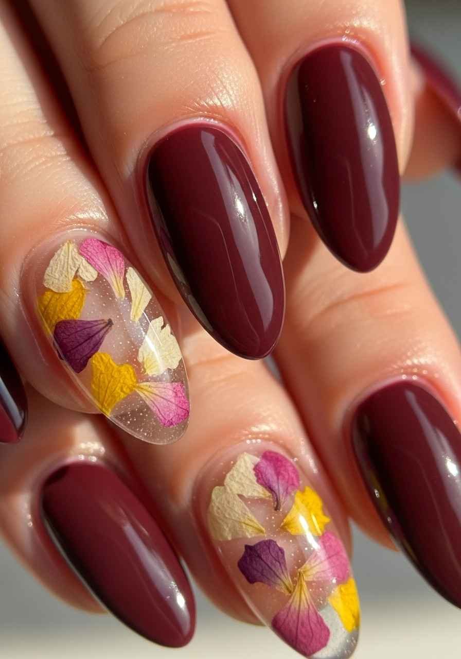 Dried Floral Accents on Wine Almond Nails