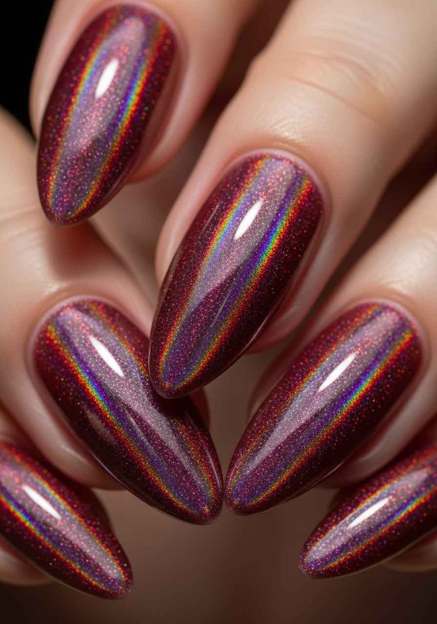 Holographic Wine Shimmer Almond Nails