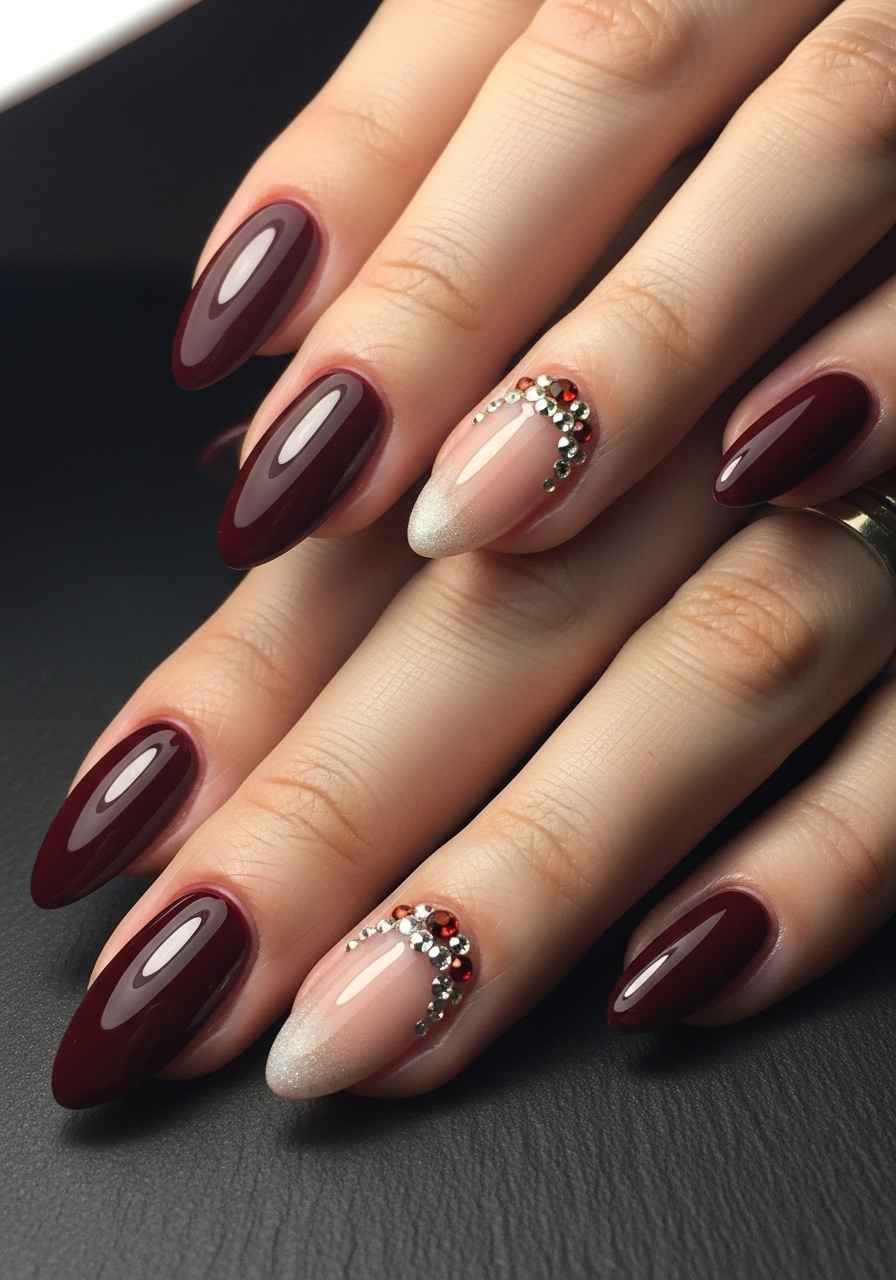 Wine Almond Nails with Rhinestones