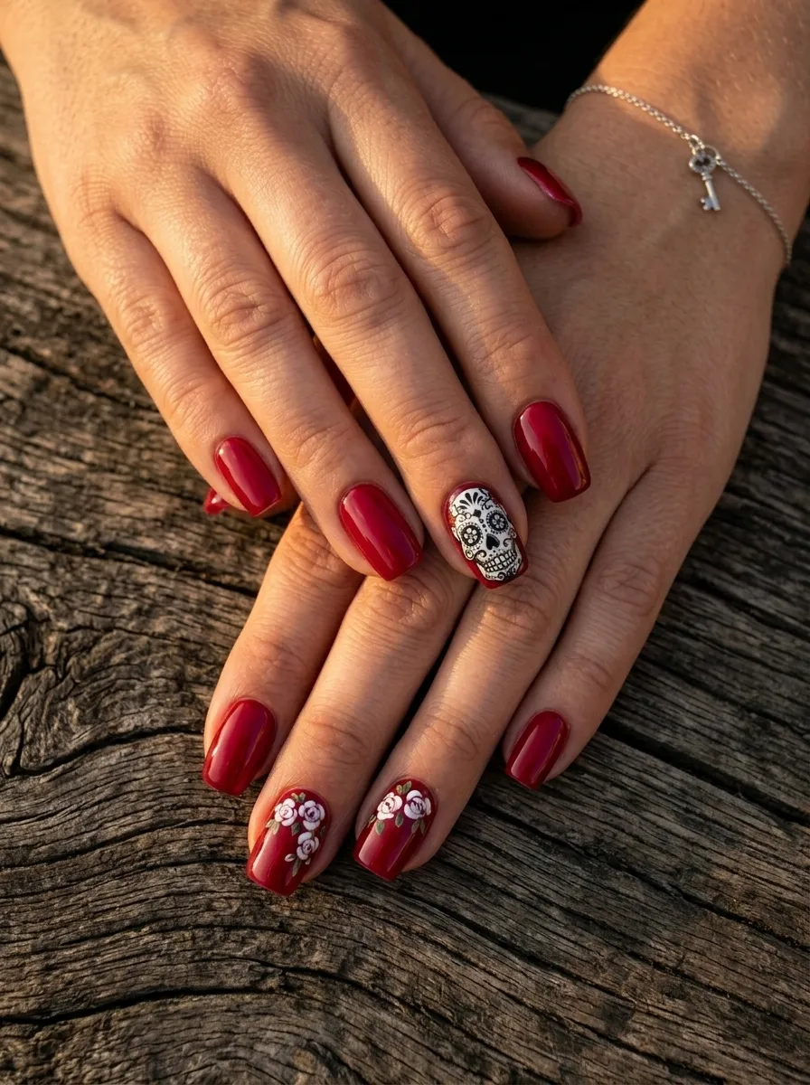 Red Rose and Skull Nails