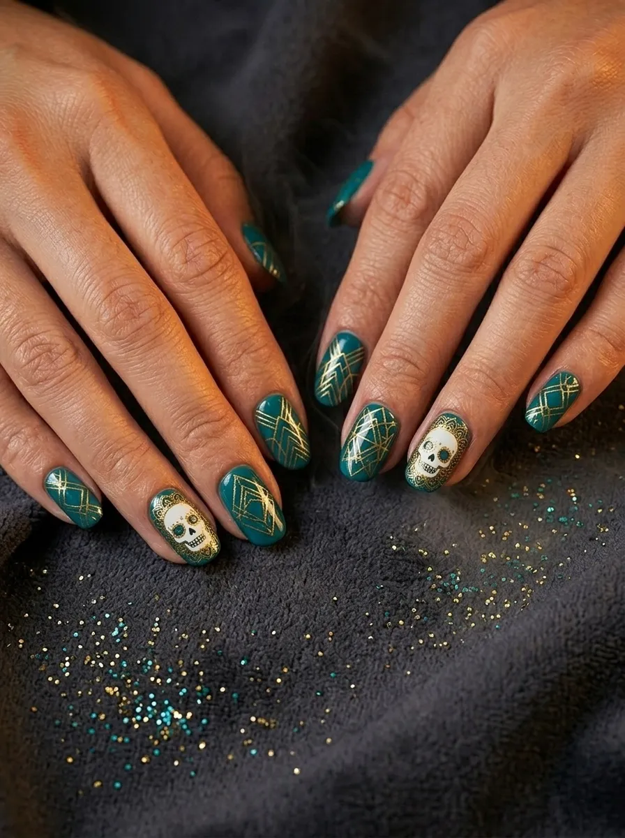 Teal and Gold Mandala Skull Nails