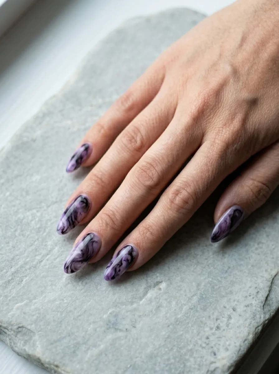 Smoky Marbled Purple Nails
