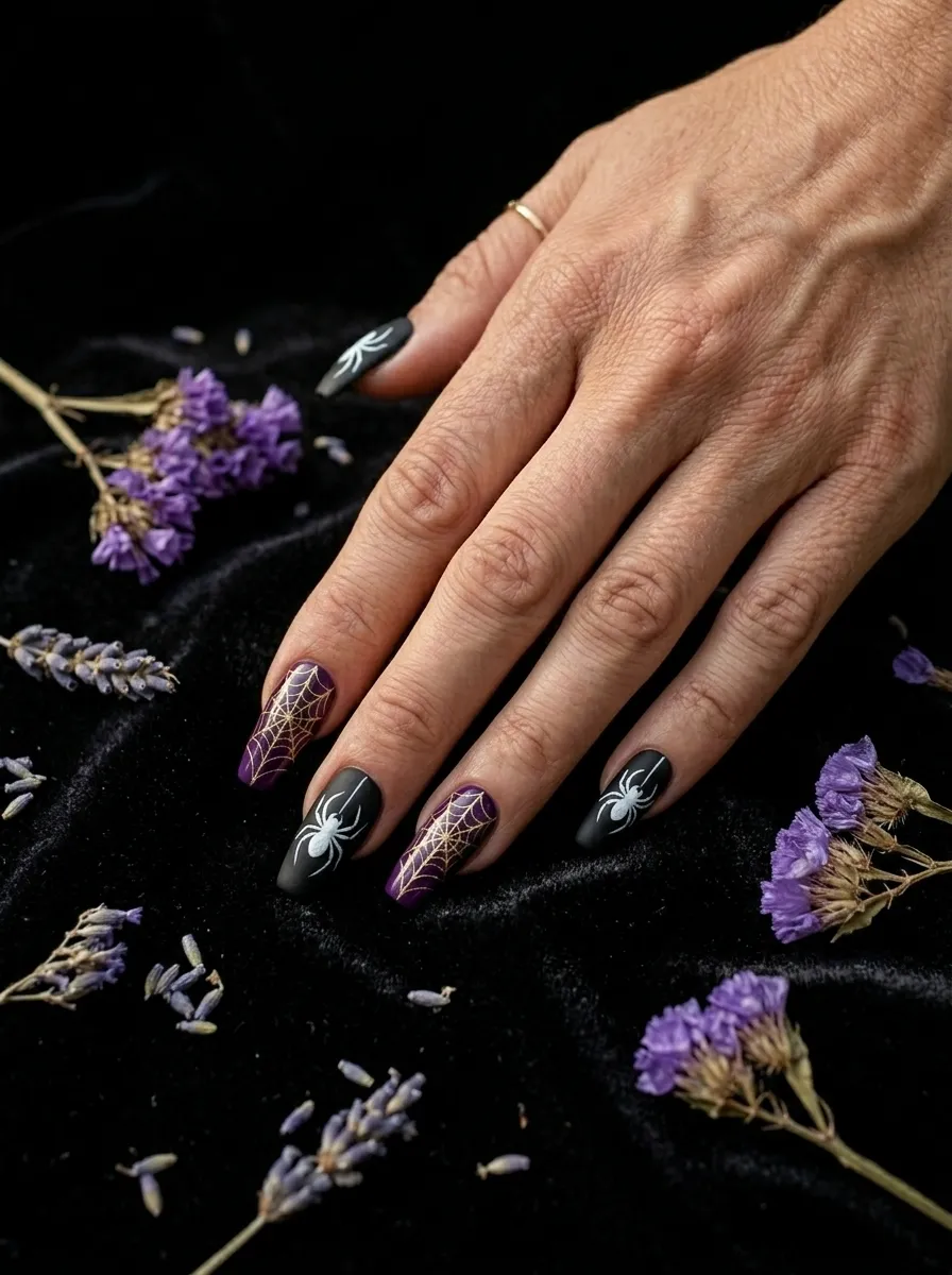 Purple and Black Gothic Spider Nails
