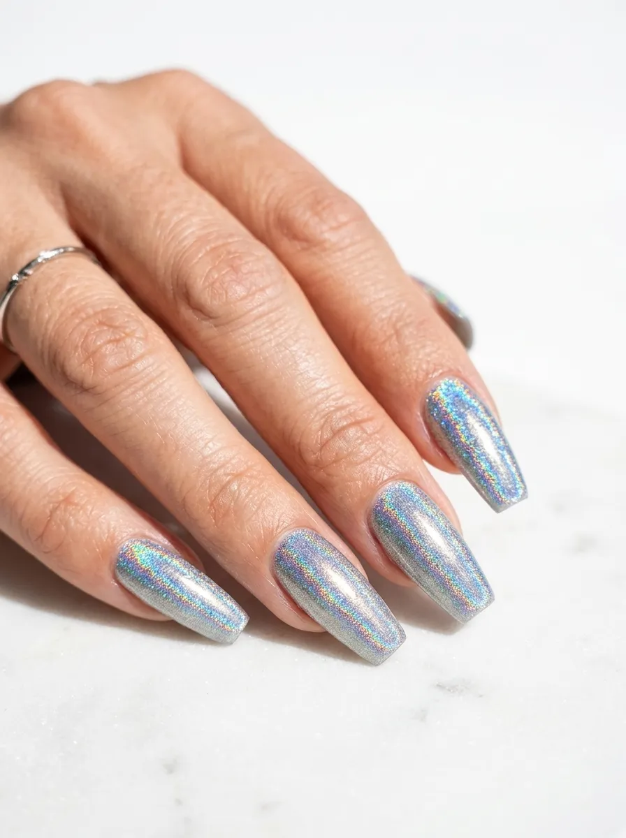 Silver Holographic Christmas Nails