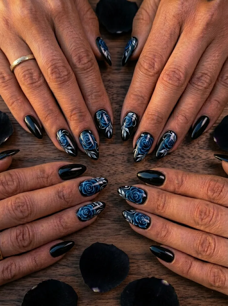 Dark Floral Nail Art With Black Base