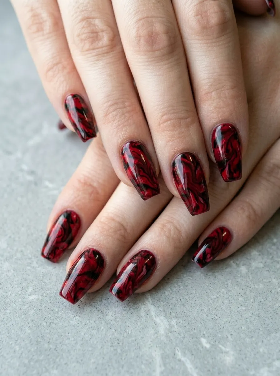 Red and Black Marble Nails