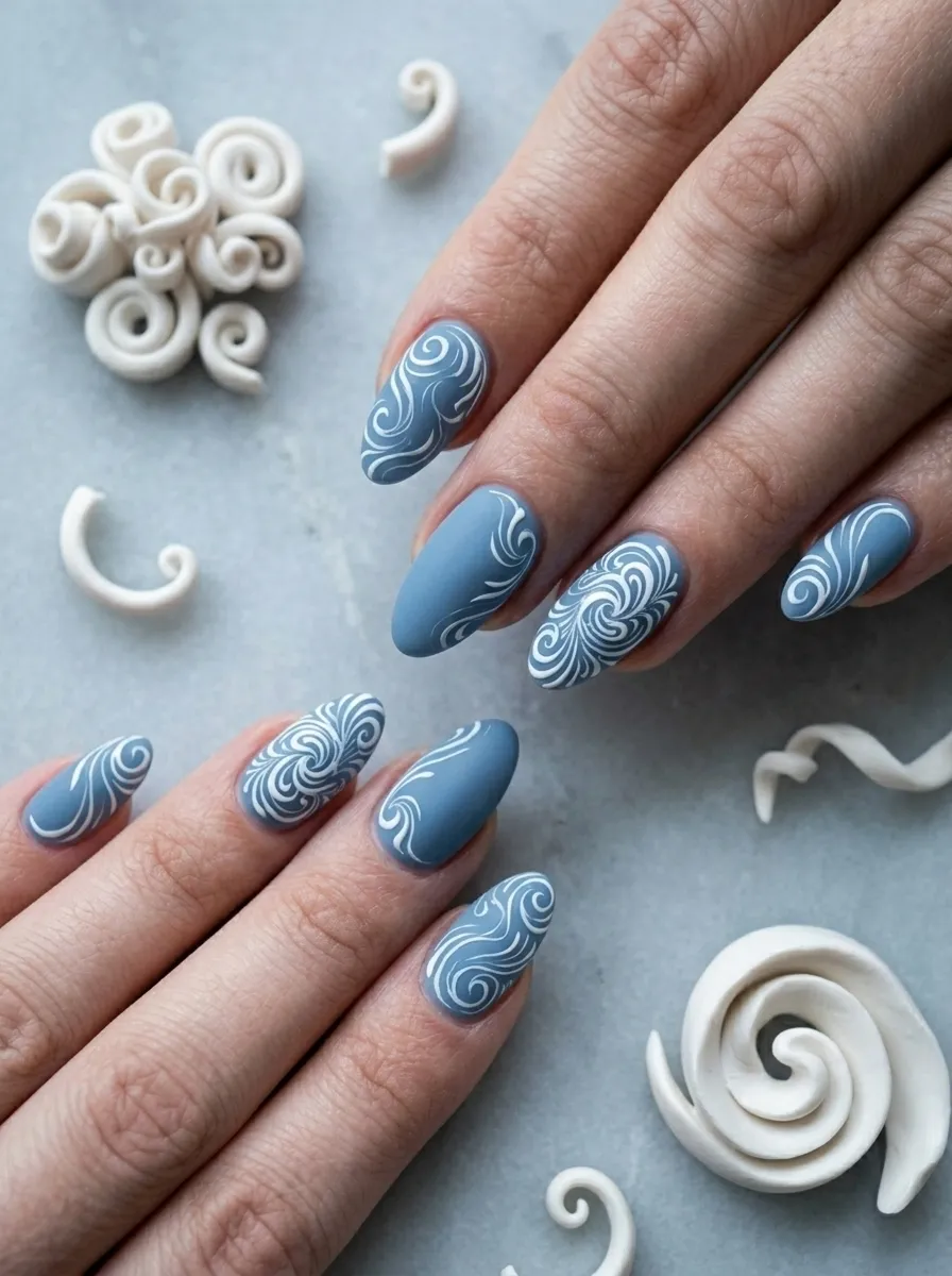 Blue and White Swirl Nails