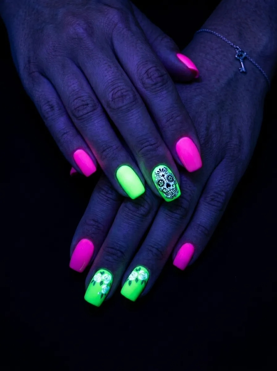 Neon Day of the Dead Nails