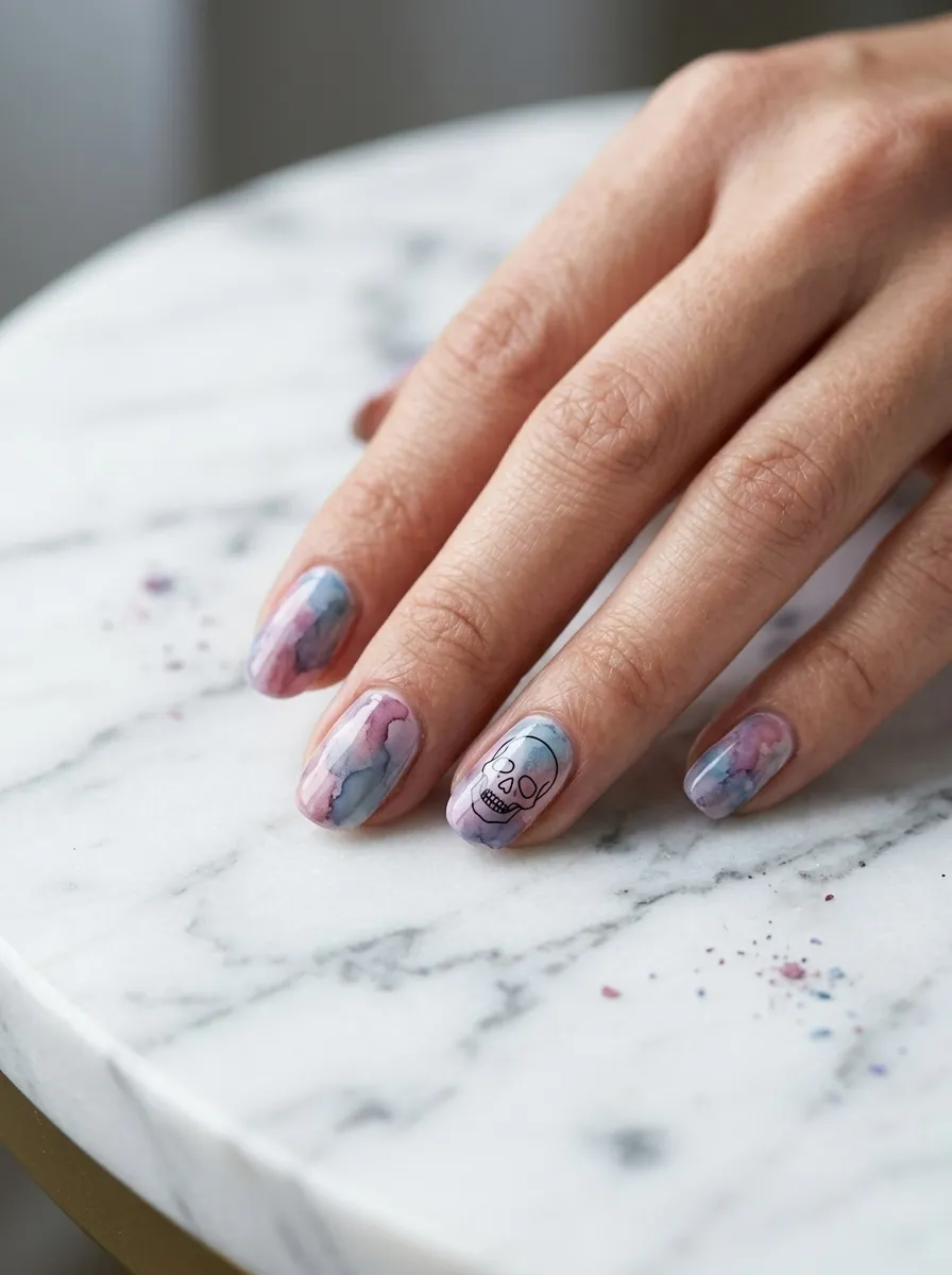 Watercolor Effect Skull Nails