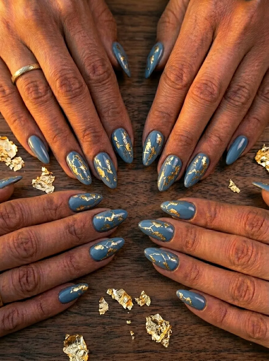 Dusty Blue Nails With Gold Foil Accents