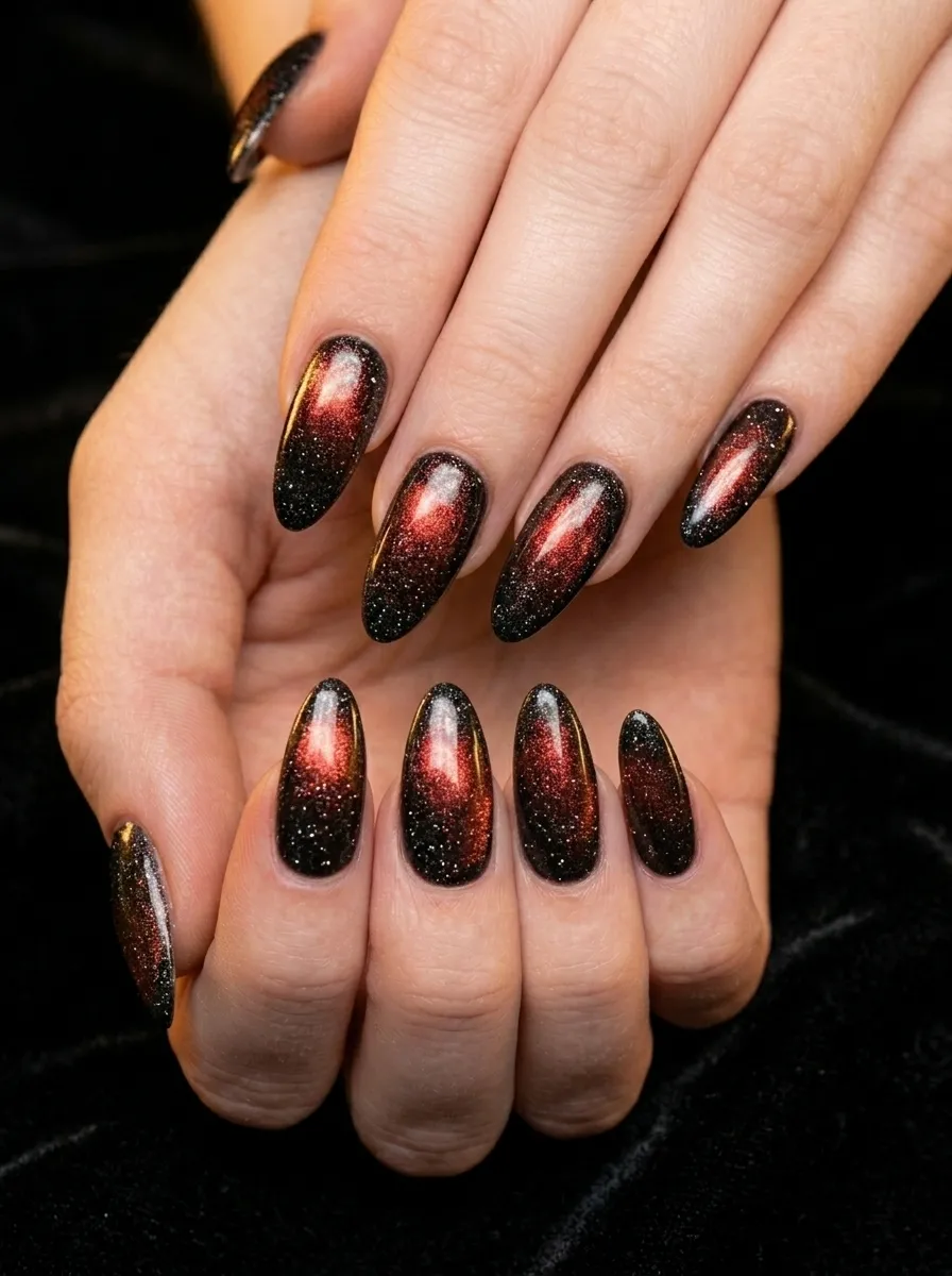 Glitter Black Nails with Red Shimmer