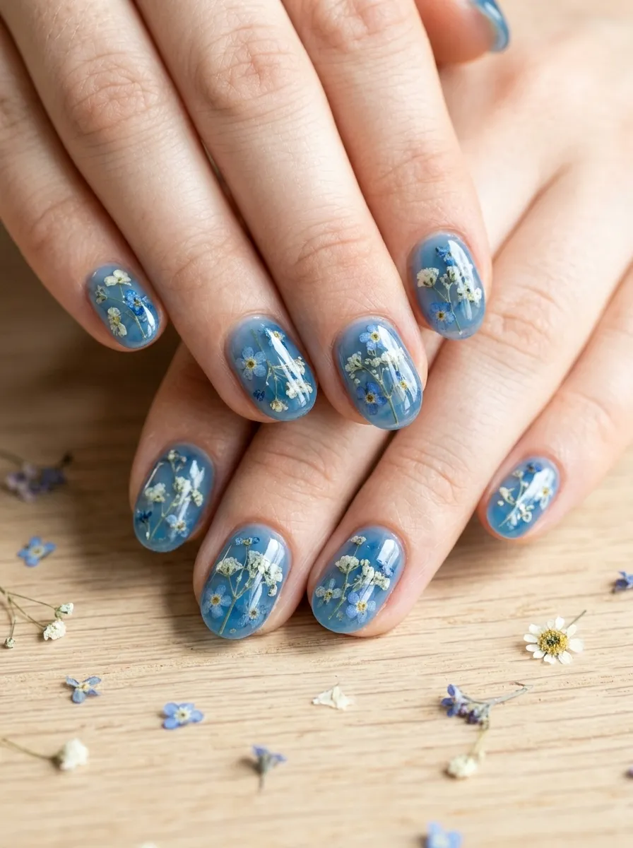 Sheer Blue Nails With Dried Flower Encapsulation