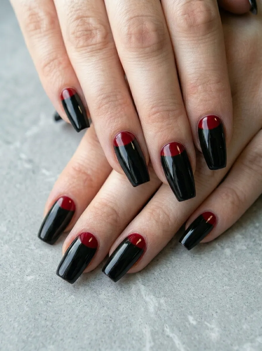 Two-Toned Black and Deep Red Half Moon Nails