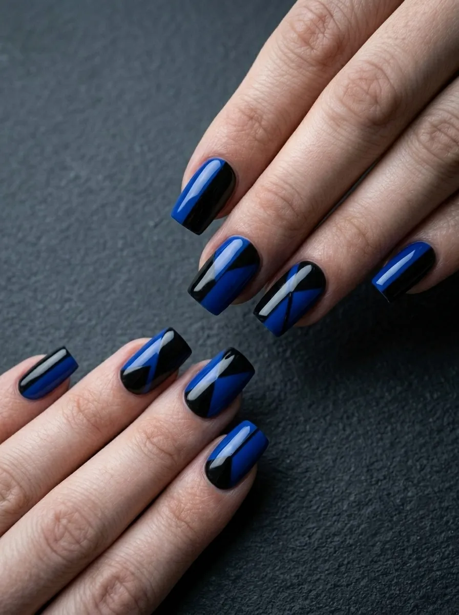 Two-Tone Cobalt and Black Geometric Nails